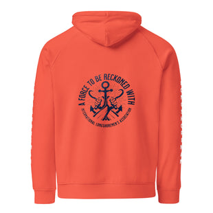 A Force To Be Reckoned With Safety Orange Hoodie with "Longshoreman" on the Sleeves