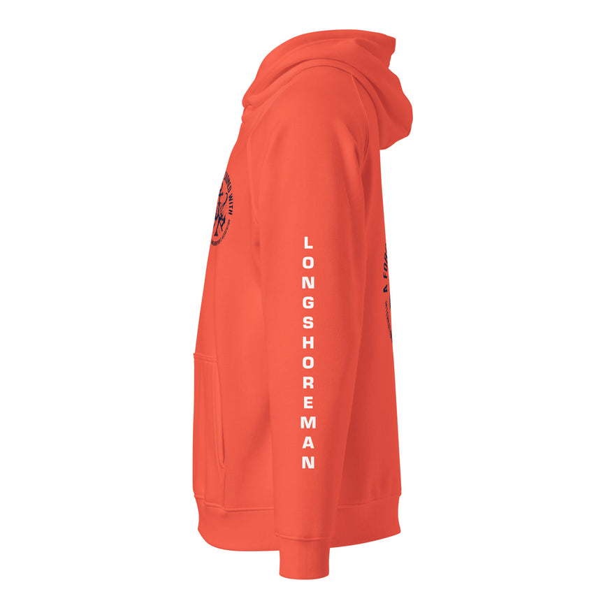 A Force To Be Reckoned With Safety Orange Hoodie with "Longshoreman" on the Sleeves